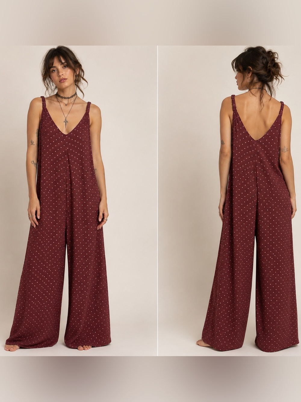 Made in Italy  Lagenlook Oversized Boho Burgundy Polka Dot Linen Jumpsuit Small